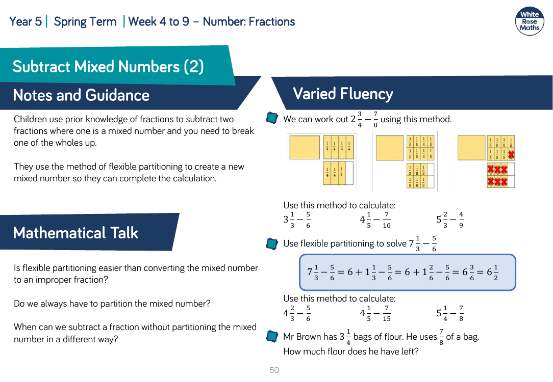 Subtract Mixed Numbers (2): Varied Fluency