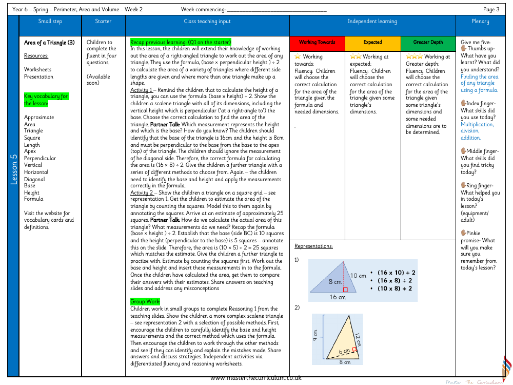 Perimeter, Area and Volume - Area of a Triangle (3) - Planning