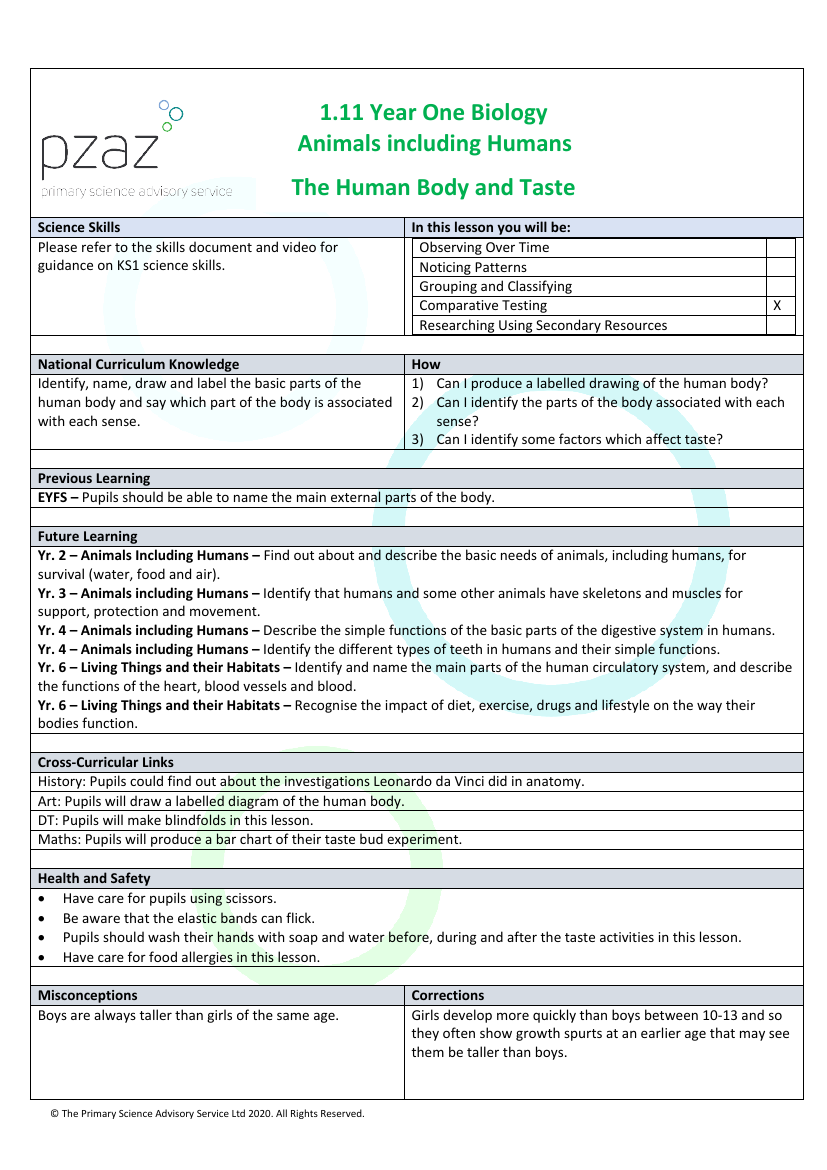 The Human Body and Taste - Lesson Plan