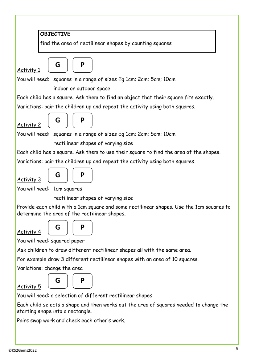 Area of rectilinear shapes by counting squares worksheet