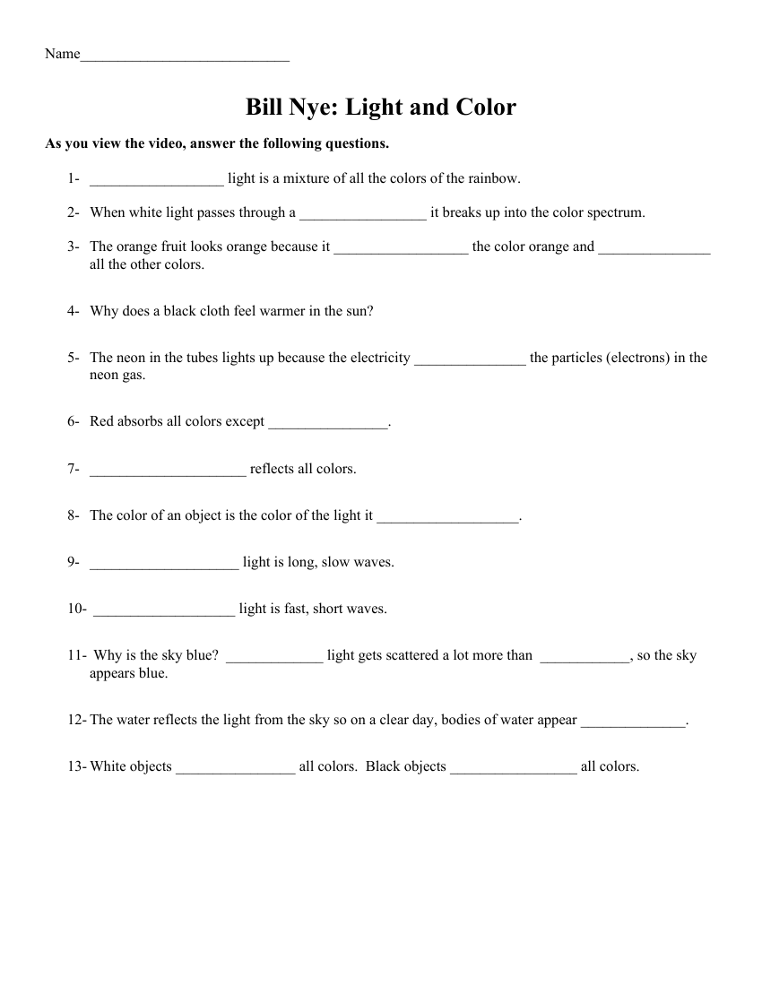 Bill Nye - Light Color Worksheet with Answers