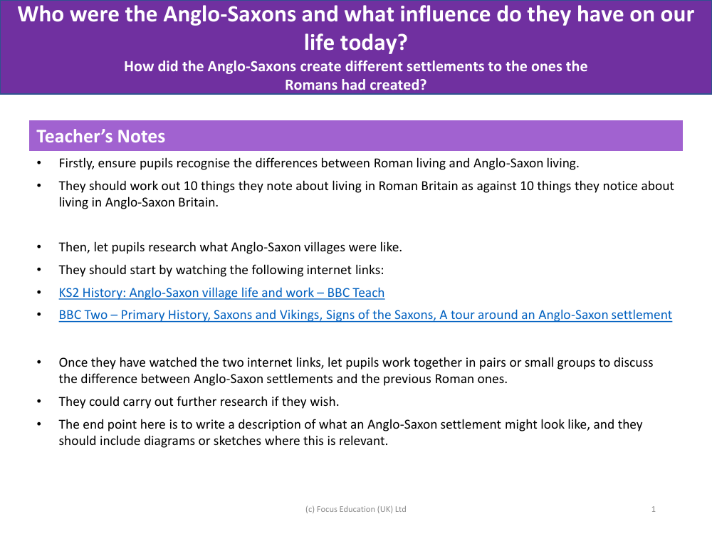 How did Anglo-Saxon create different settlements than the ones the Romans had created? - Teacher's Notes