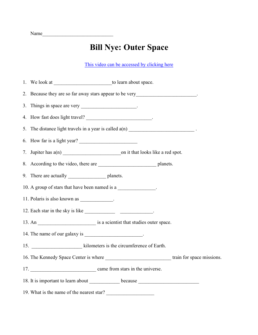 Bill Nye - Outer Space Worksheet with Answers