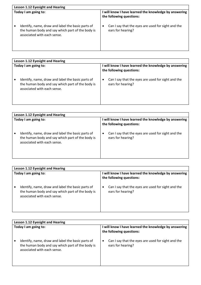 Eyesight and Hearing - Objectives Labels