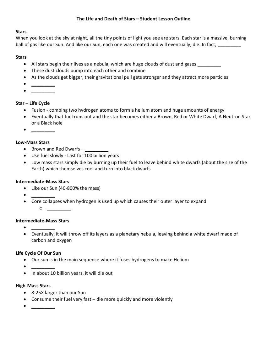 The Life and Death of Stars - Student Lesson Outline