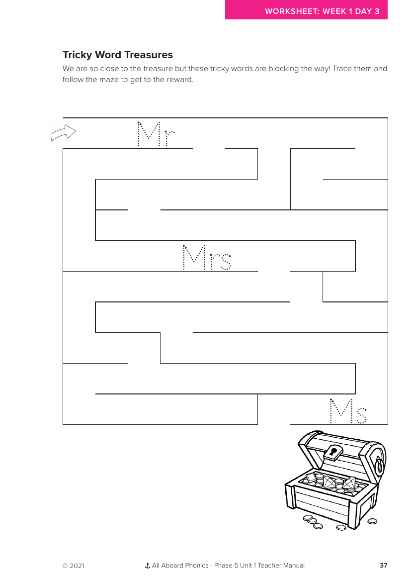 Week 1, lesson 3 Tricky Word Treasures activity  - Phonics Phase 5, unit 1 - Worksheet