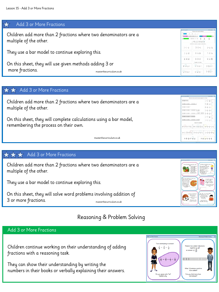 Fractions - Add 3 or More Fractions - Worksheet