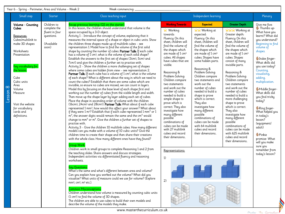 Perimeter, Area and Volume - Volume – Counting Cubes - Planning