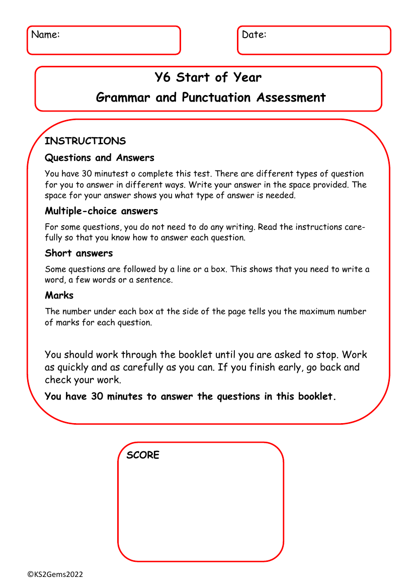 Start of Year Grammar and Punctuation Assessment Test