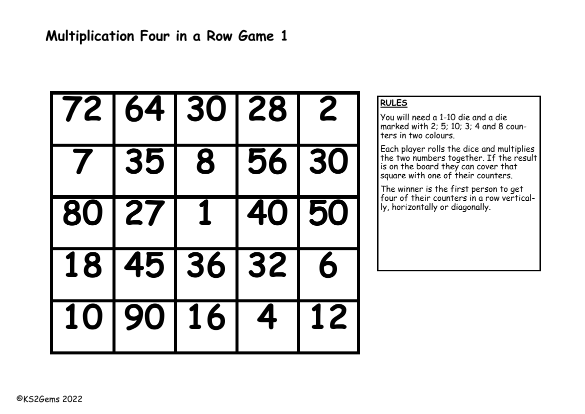 Multiplication Facts Four in a Row Game Sheets
