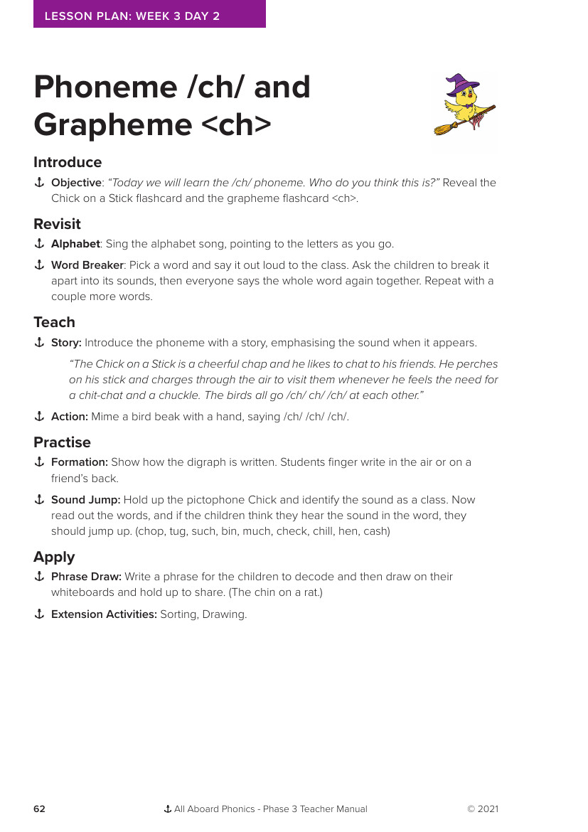 Week 3, lesson 2 Phoneme "ch" and Grapheme "ch" - Phonics Phase 3 - Lesson plan