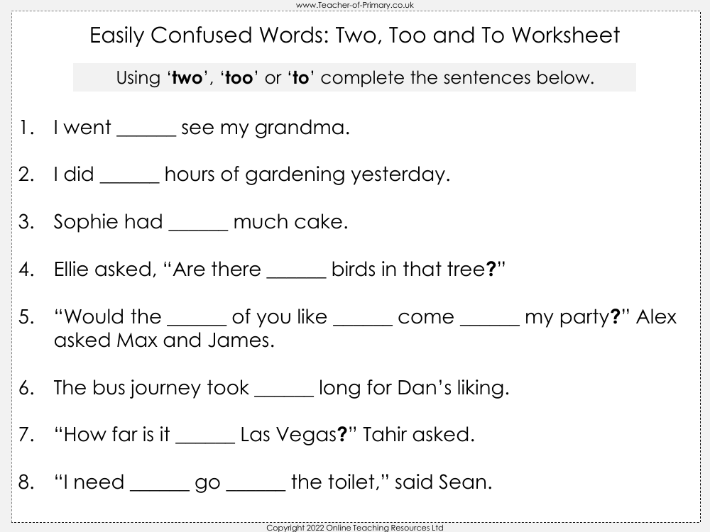 Easily Confused Words - Two, Too and To - Worksheet