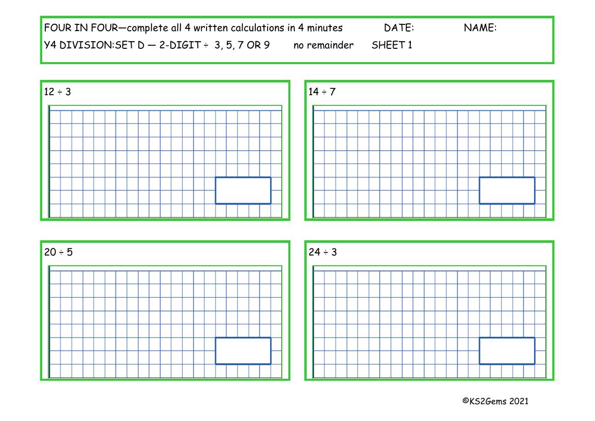 Four in Four -  Division Set D 2 digit number - 3, 5, 7 or 9 no remainder