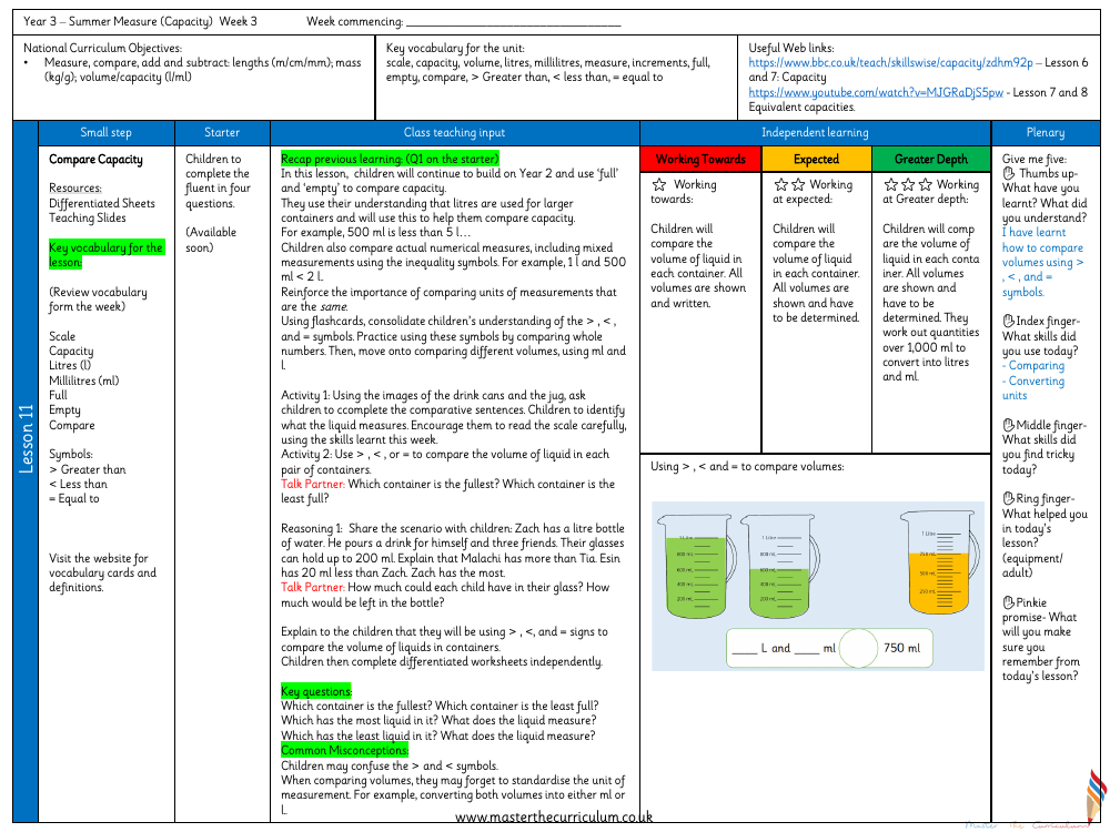 Mass and capacity - Compare capacities - Planning