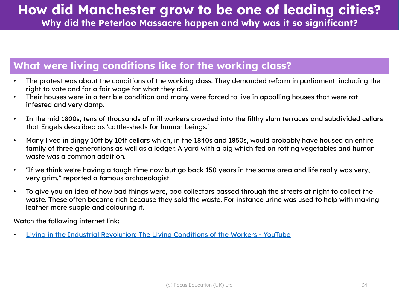 Manchester living conditions for the working class in the 19th Century - Info sheet