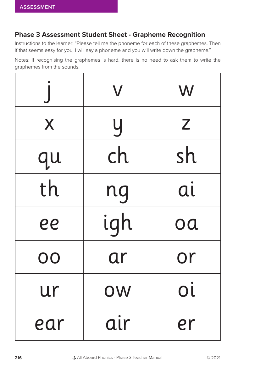 Phase 3 Assessment Student Sheet - Grapheme Recognition - Phonics Phase 3 - Resource