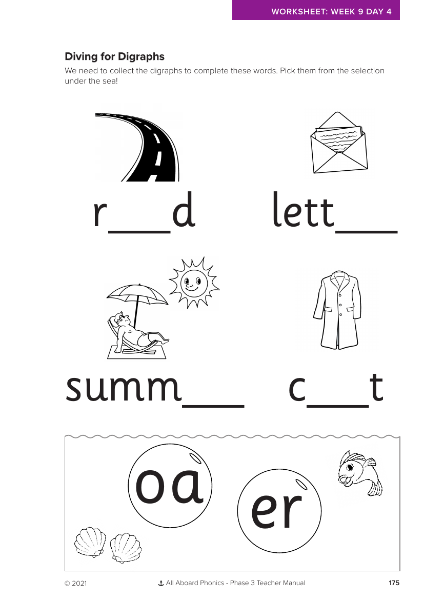 Week 9, lesson 4 Diving for Diagraphs writing activity - Phonics Phase ...