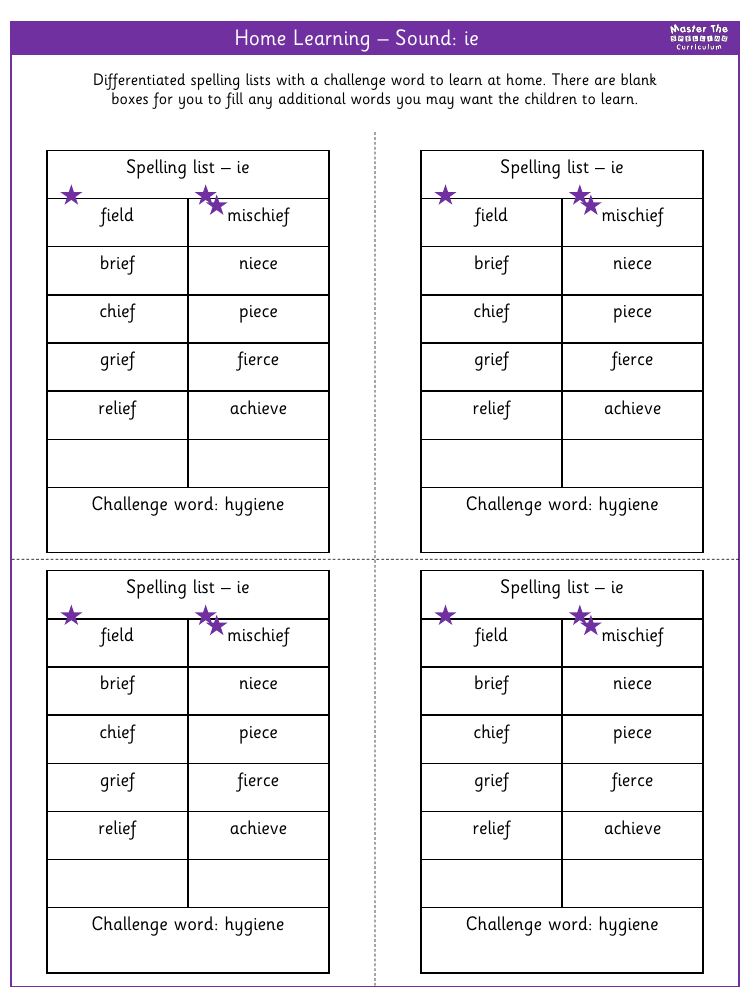 Spelling - Home learning - Sound ie