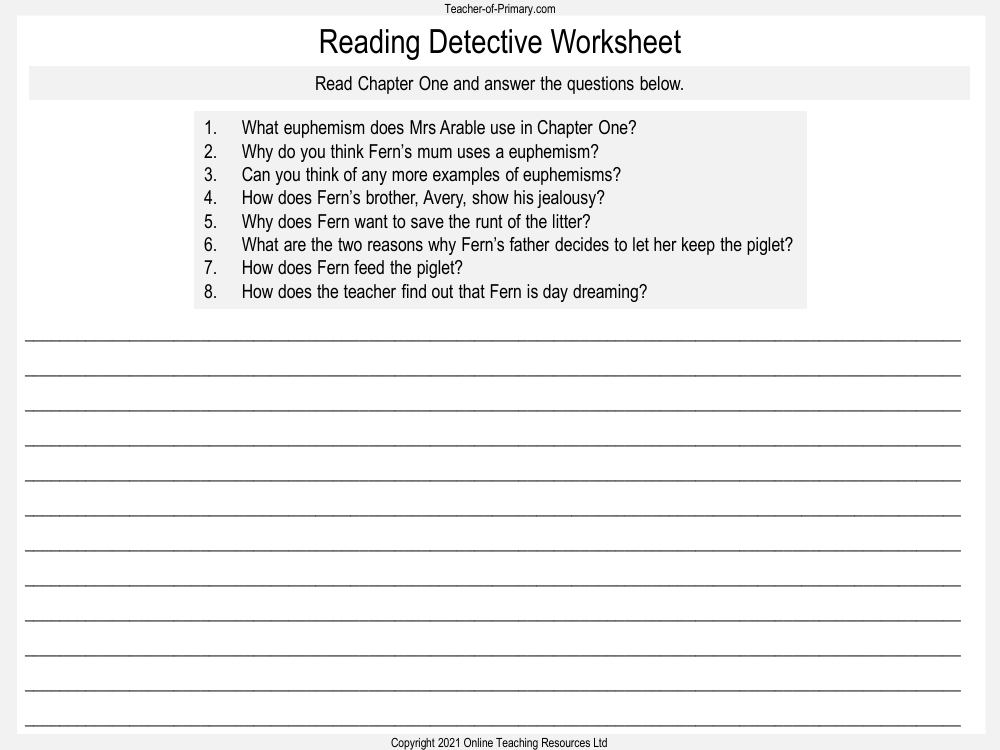 Charlotte's Web - Lesson 2: Fern's New Pet - Reading Detective Worksheet