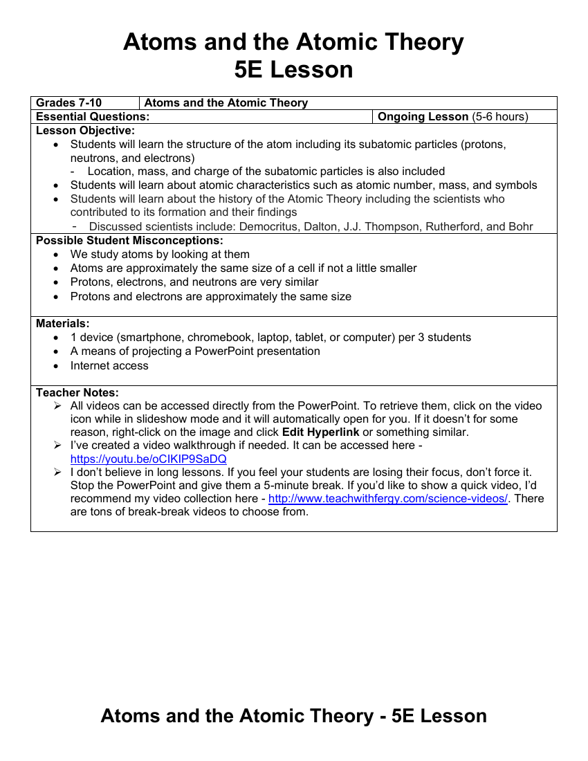 Atoms and the Atomic Theory - Teaching Timeline