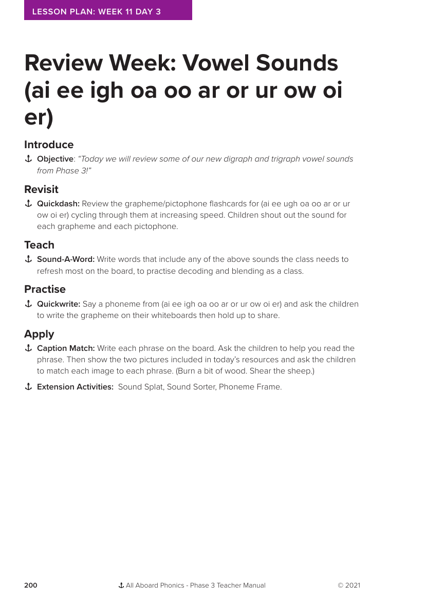 Week 11, lesson 3 Review Week: Vowels -  Phonics Phase 3 - Lesson plan