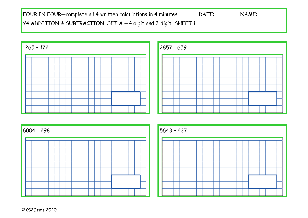 Four in Four -  Addition and Subtraction Set A - 4d and 3d