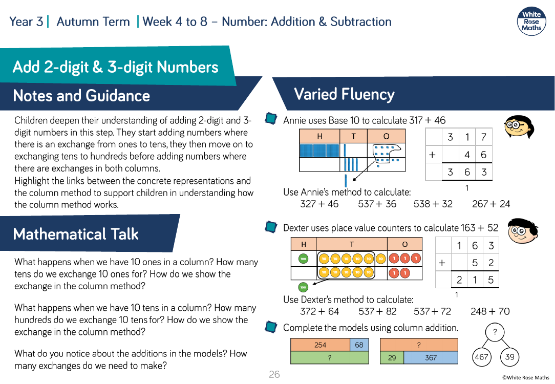 Add a 2-digit and 3-digit numbers â€” crossing 10 or 100