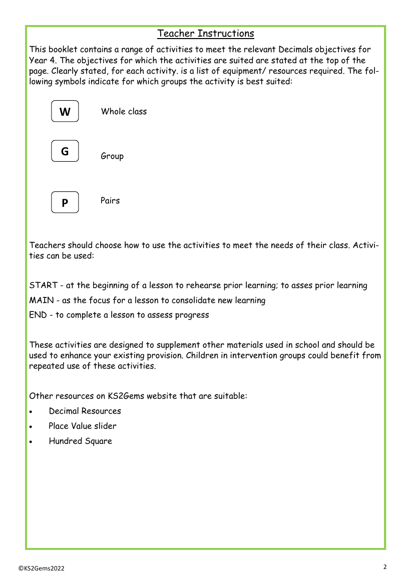 Decimals teacher instructions