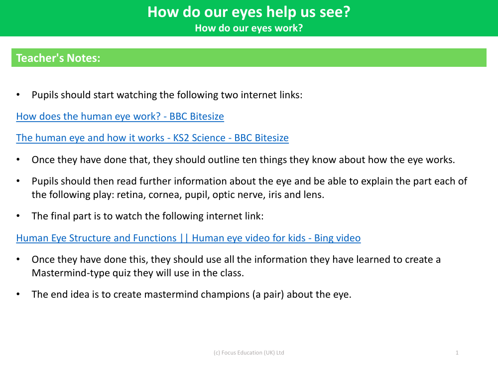 How do our eyes work? - Teacher's Notes