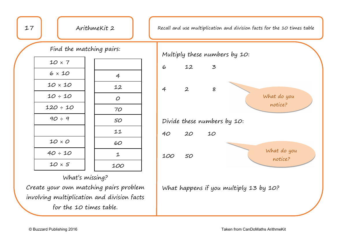 Recall and use multiplication and division facts for 10x table