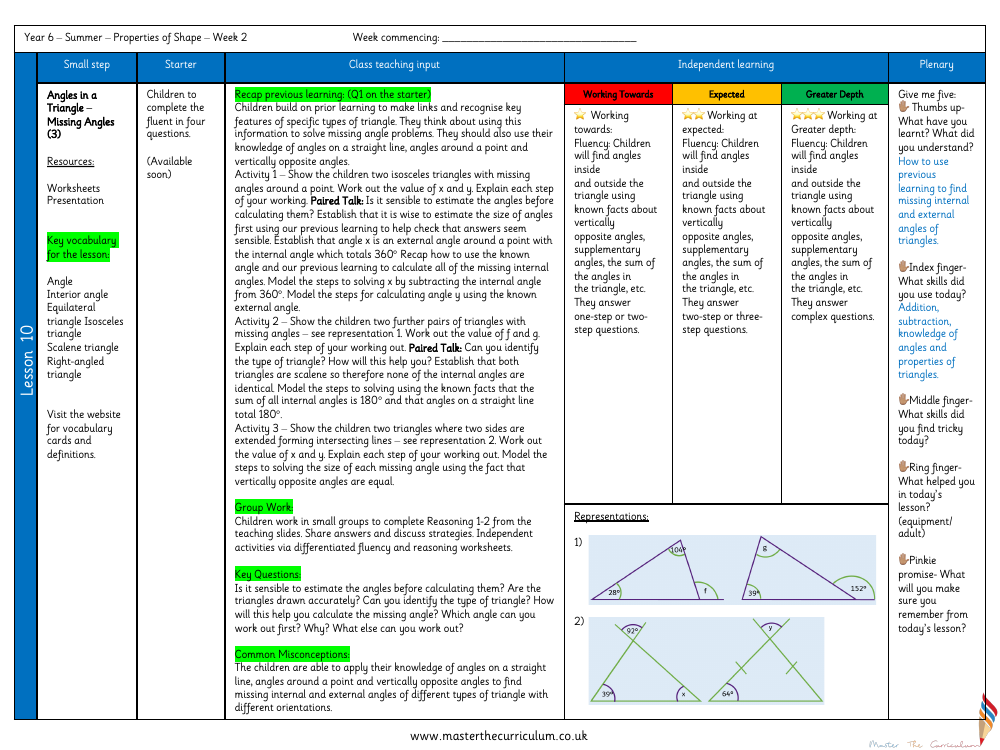 Properties of Shape - Angles in a Triangle – Missing Angles (3) - Planning