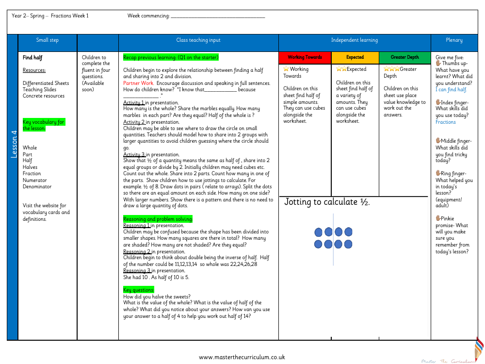 Fractions - Find a half - Planning