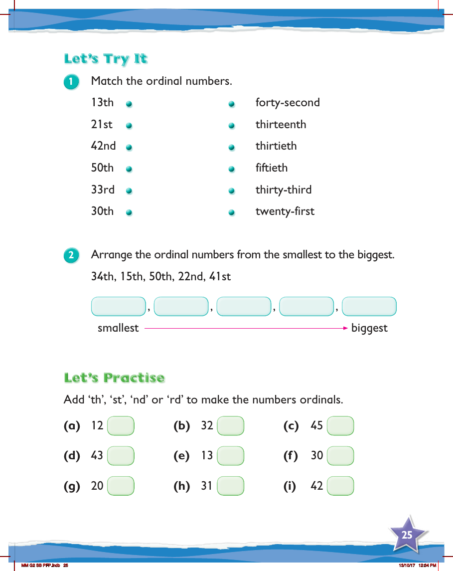 Max Maths, Year 2, Practice, Ordinal numbers to 50