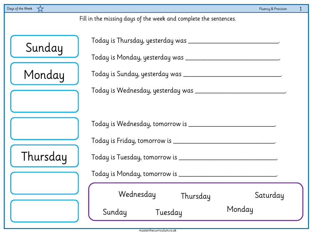 Time - Days of the week - Worksheet