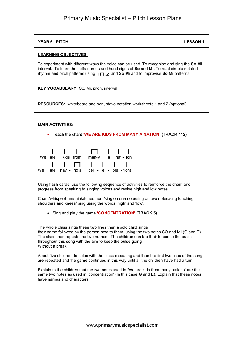 Pitch Lesson Plan - Year 5 Lesson 1