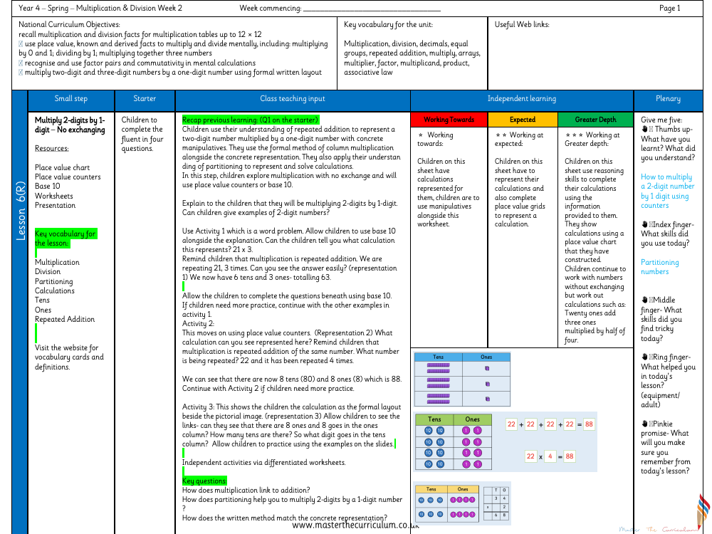 Multiplication and Division - Multiply 2-digits by 1-digit – No exchanging - Planning