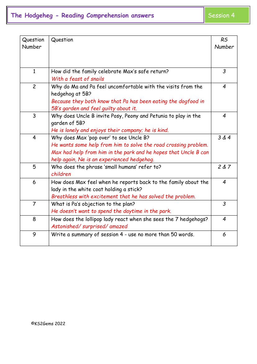 The Hodgeheg - Session 4 - Reading Comprehension answers