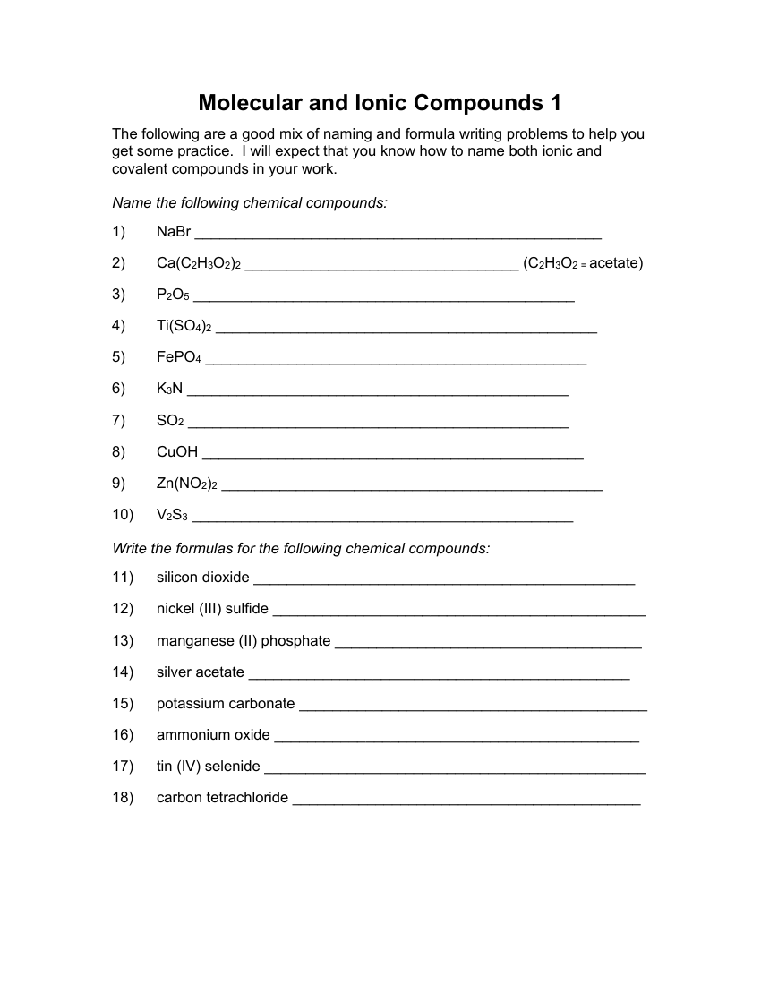 Molecular and Ionic Compounds - Worksheet with Answers 1