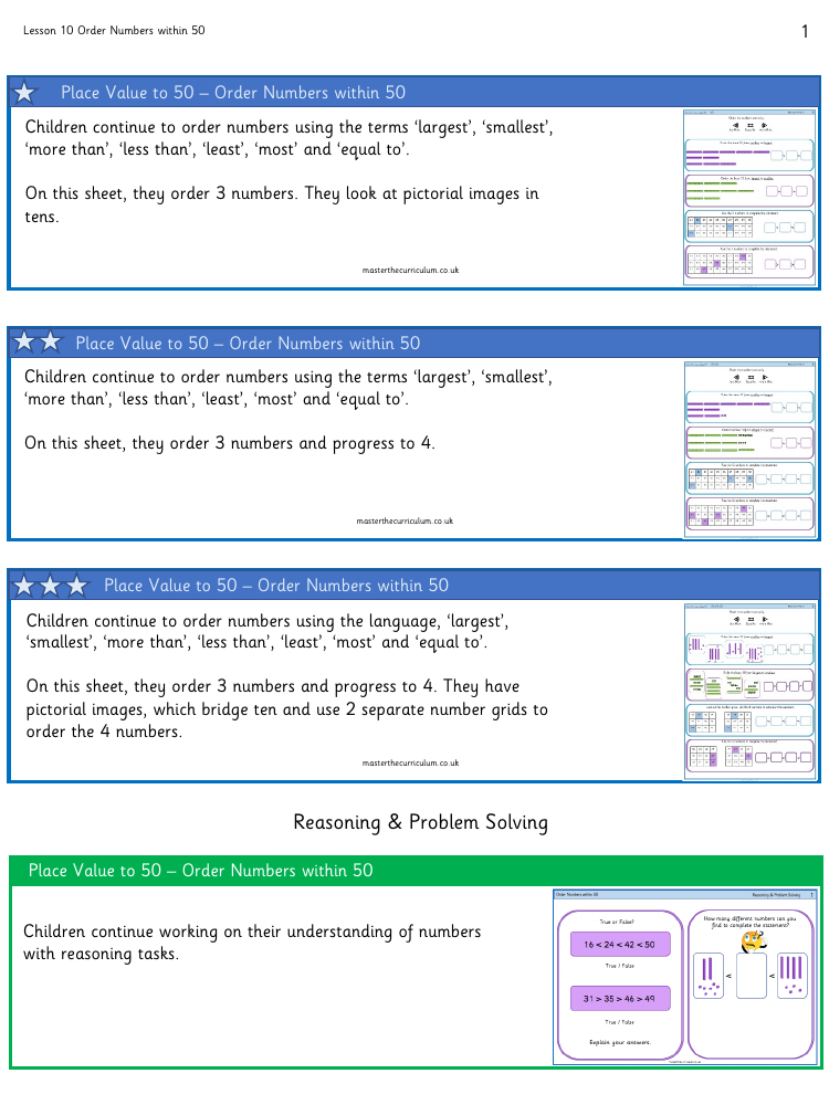 Place Value within 50 - Order numbers within 50 - Worksheet