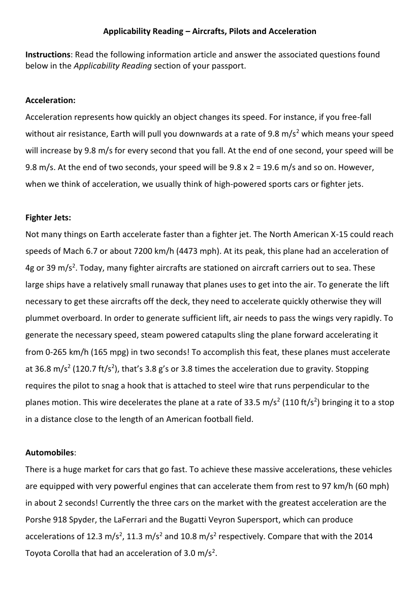 Uniform Acceleration - Applicability Reading