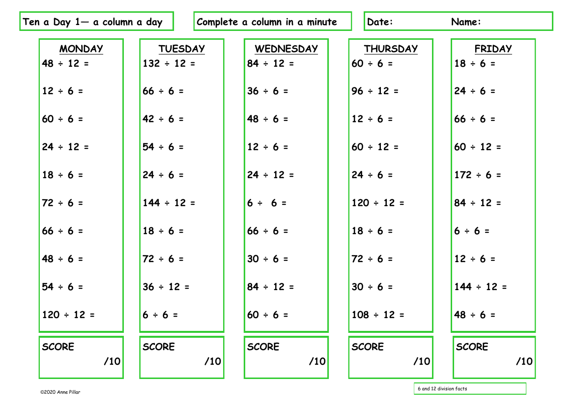 Ten a Day 6 and 12 Division Facts