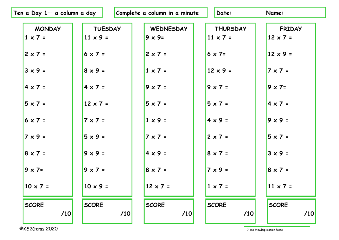 Ten a Day 7 and 9 Times Table