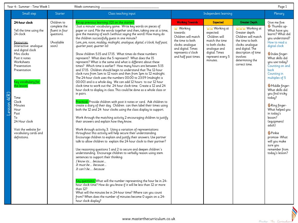 Time - 24-Hour Clock - Planning