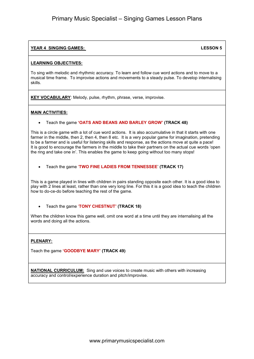 Singing Games Lesson Plan - Year 4 Lesson 5
