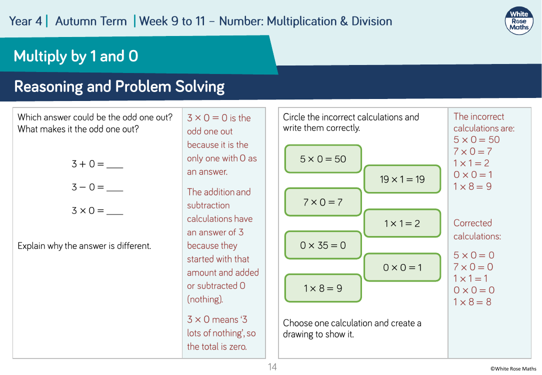 Multiply By 1 And 0 Reasoning And Problem Solving Maths Year 4 3328