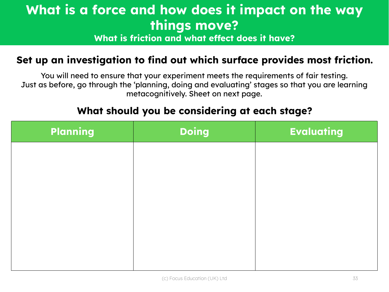 Plan an investigation - Which surface provides most friction? - worksheet