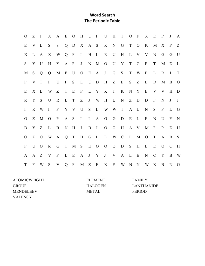 The Periodic Table - Word Search