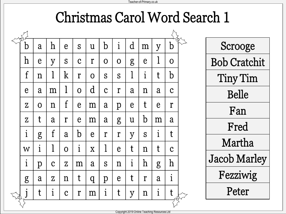 A Christmas Carol Word Search Worksheet