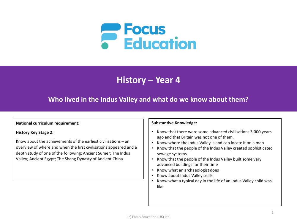 National Curriculum Objectives - Indus Valley - Year 4
