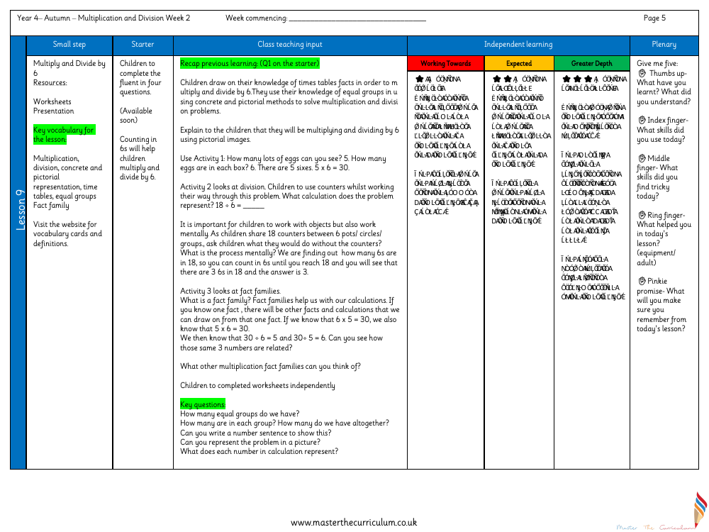 Multiplication and Division - Multiply and Divide by 6 - Planning